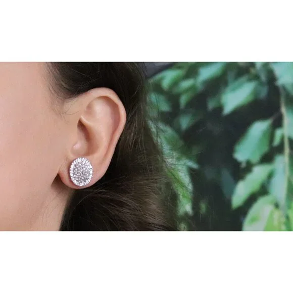 10k Yellow Gold 1 Carat Diamond Cluster Earrings Large Sparkly Studs 5/8" x 1/2" - Picture 2 of 8